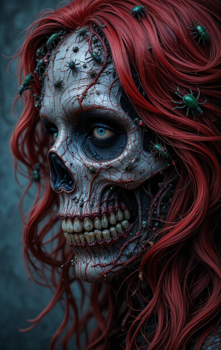 A frightening woman with insects crawling across her skull-like face