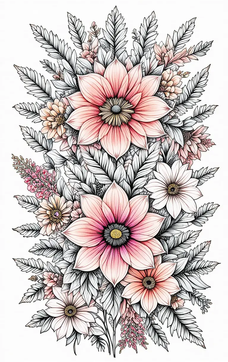 A Dense Floral Bouquet Forms an Intricate Mandala Coloring Page