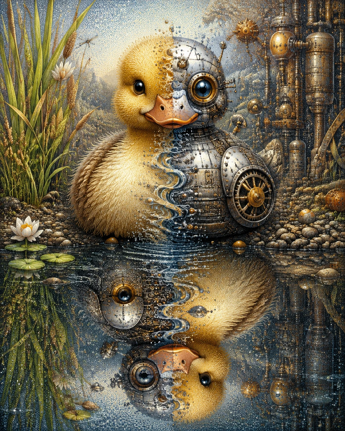A Duck and a Tiny Robot Duck Meet Beside a Magical Pond