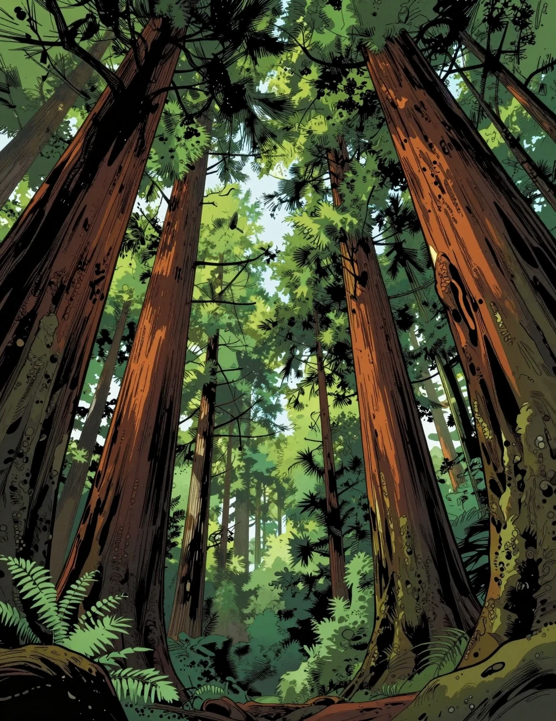 Guardando verso l’alto tra le sequoie dal suolo della foresta