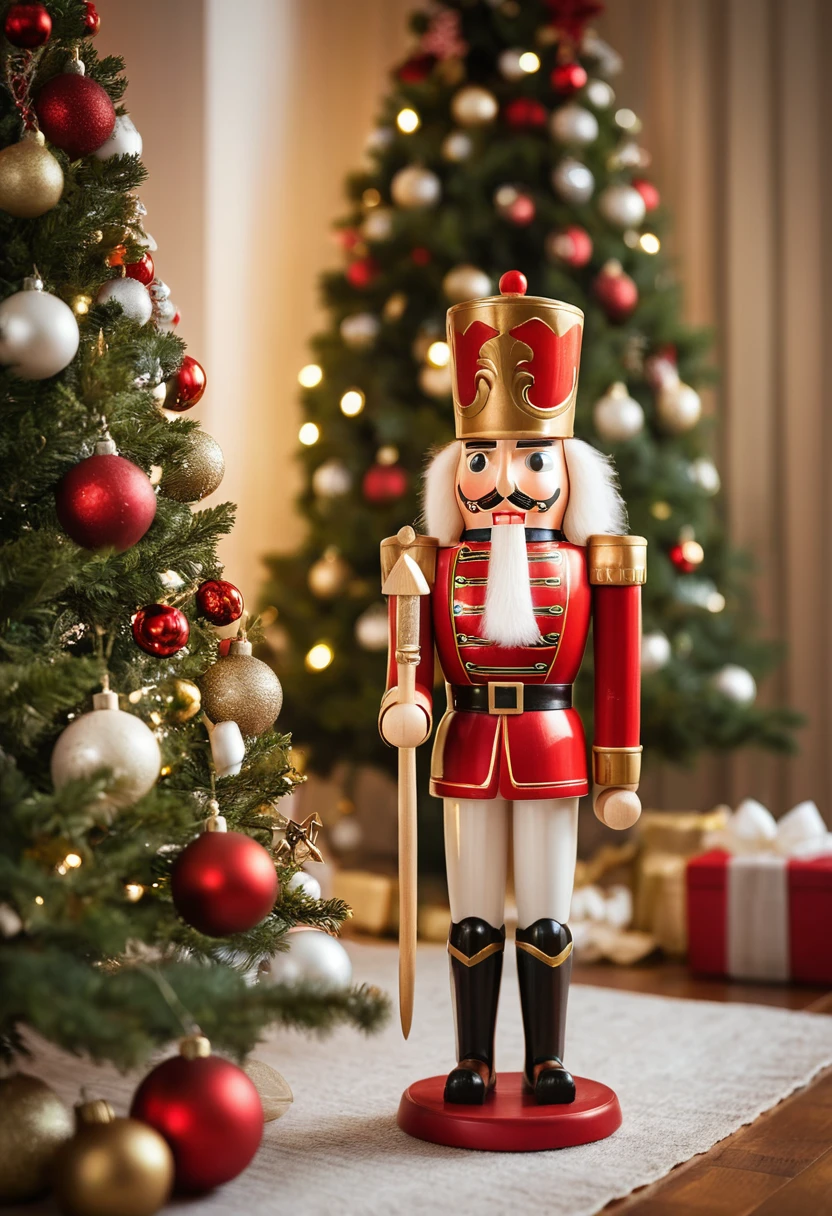 Ein hölzerner Nussknacker steht neben einem leuchtenden Weihnachtsbaum
