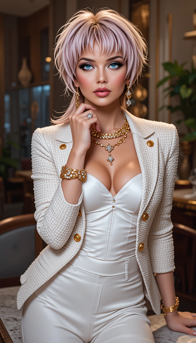 Une femme aux cheveux roses pose la main sous le menton