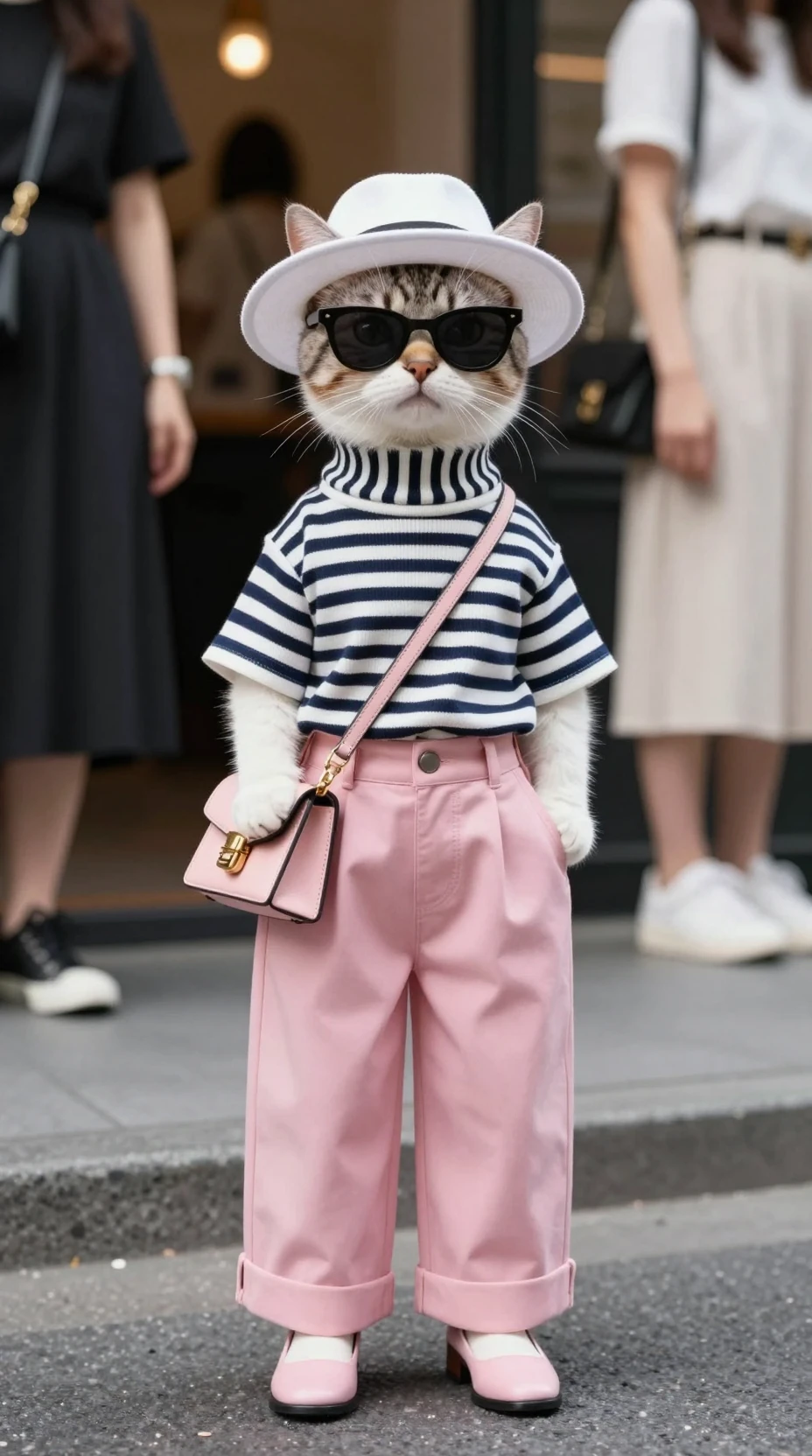 Un adorable chat se tient dans la rue avec un chapeau et des vêtements rayés