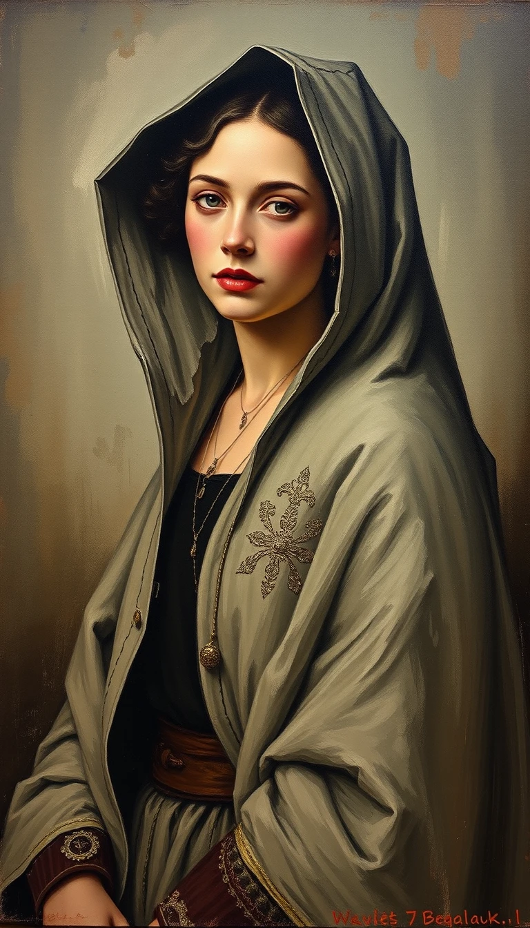 A serene fifth-century woman in a layered hooded historical robe