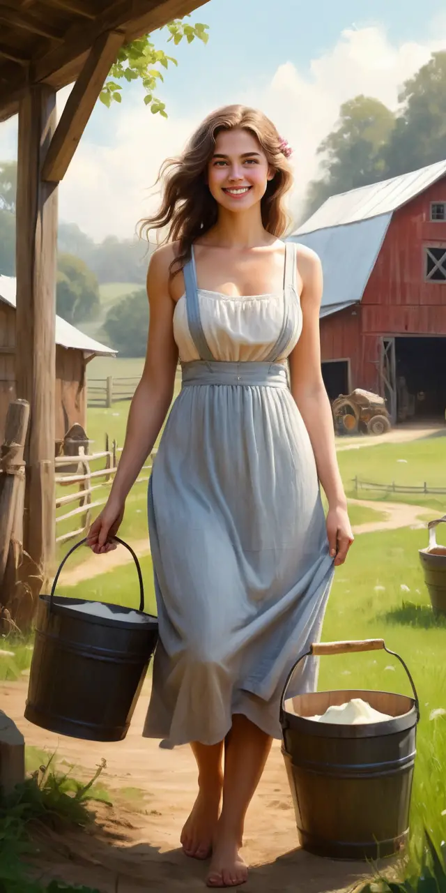 A woman carries fresh milk through a rustic farmyard in a sundress