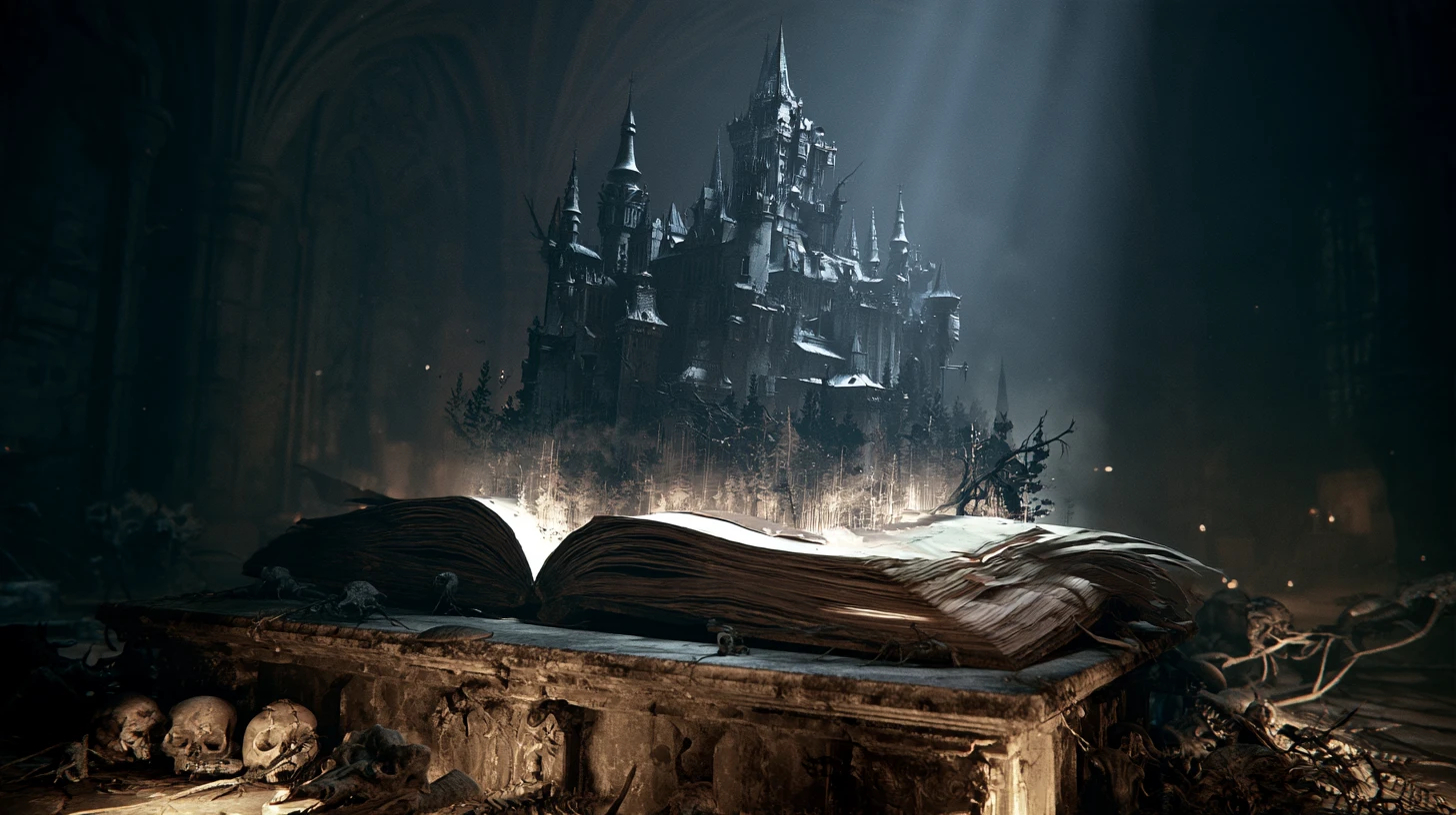 Um livro aberto repousa sobre um altar desgastado, entre crânios