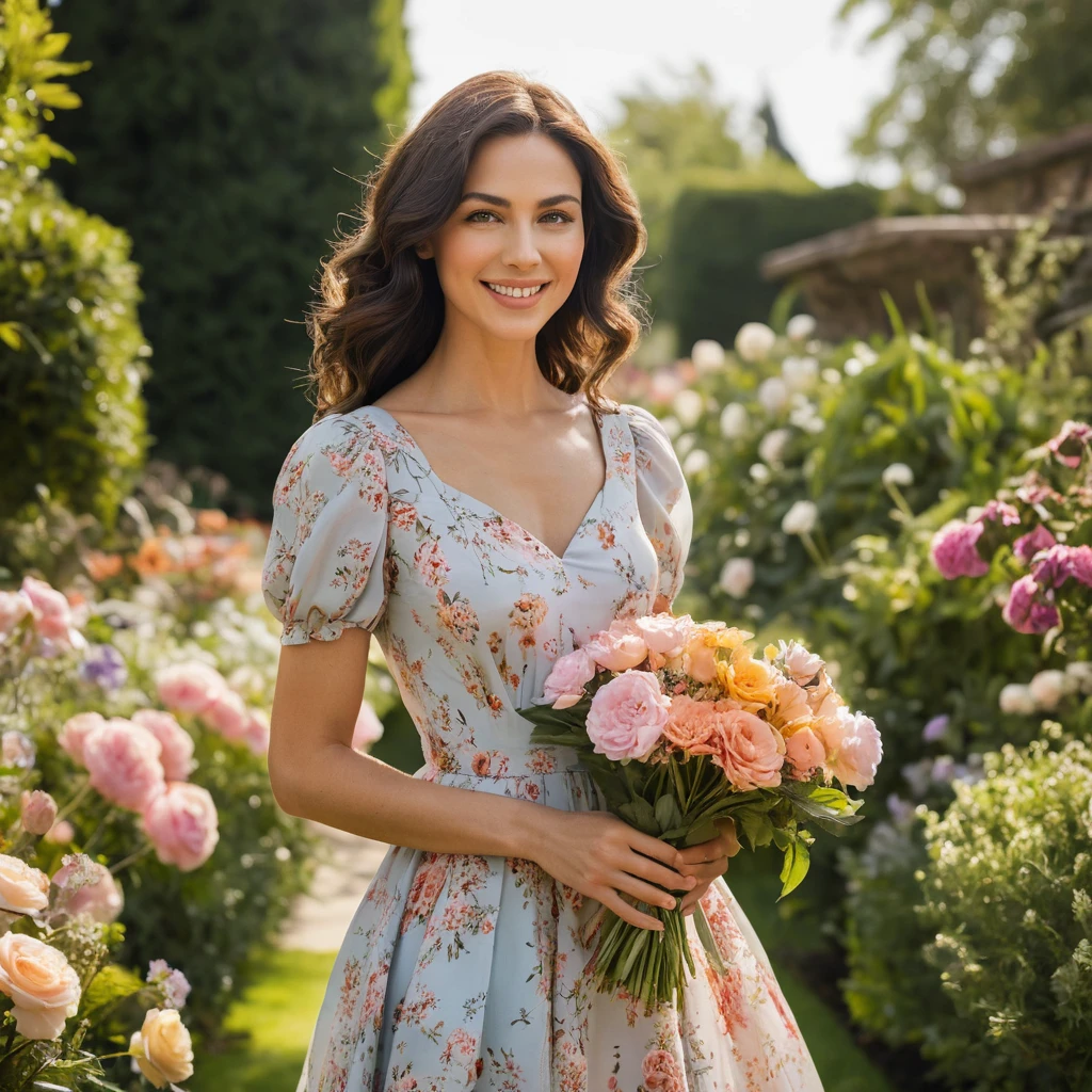 Uma mulher colhe flores frescas num jardim ensolarado