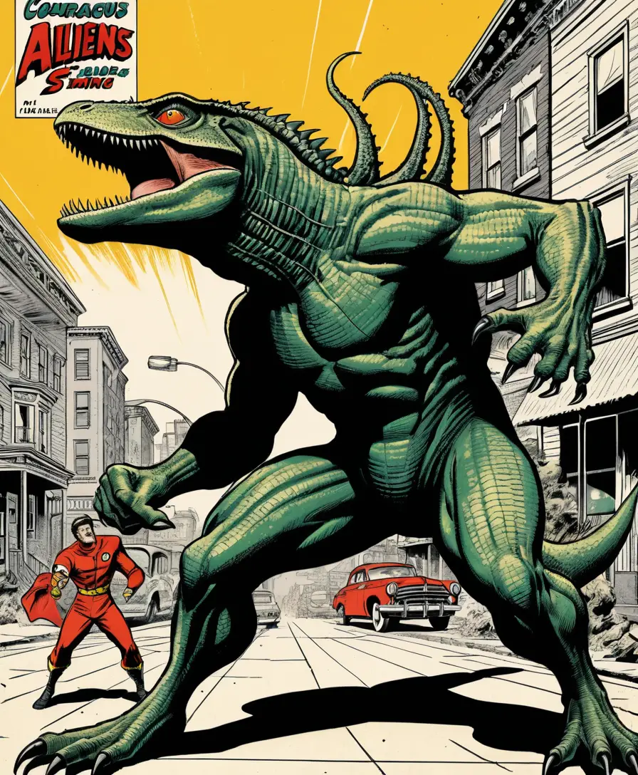 A superhero battles a giant lizard on a typical American town street
