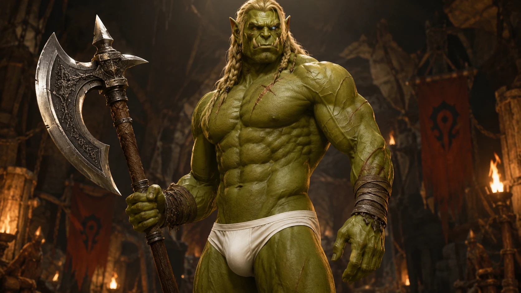 Um orc verde alto, de cabelo loiro e com um machado de dois gumes