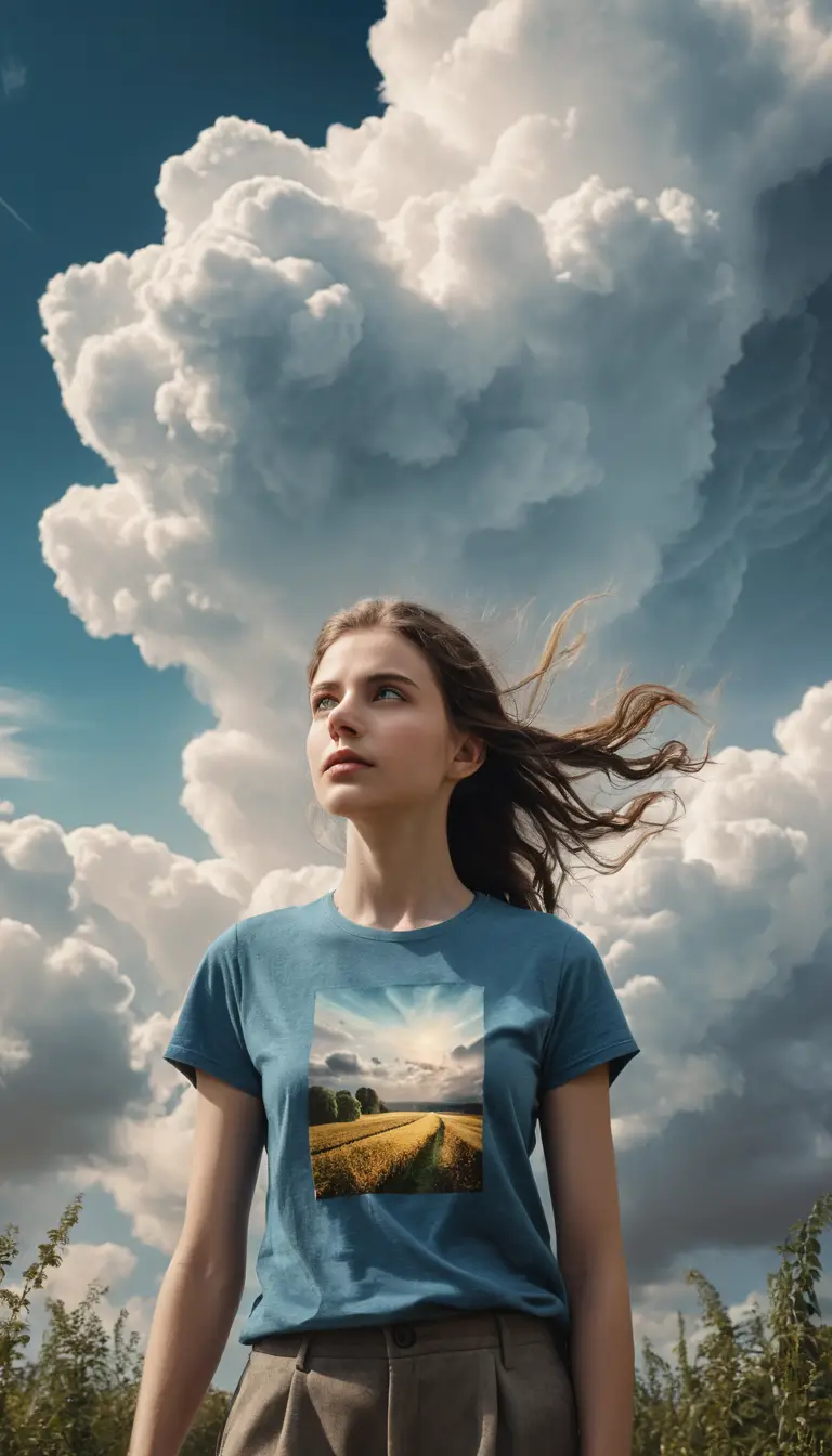 Eine surreale Frau steht in den Wolken, während ein Mann eine Holzleiter hinaufsteigt