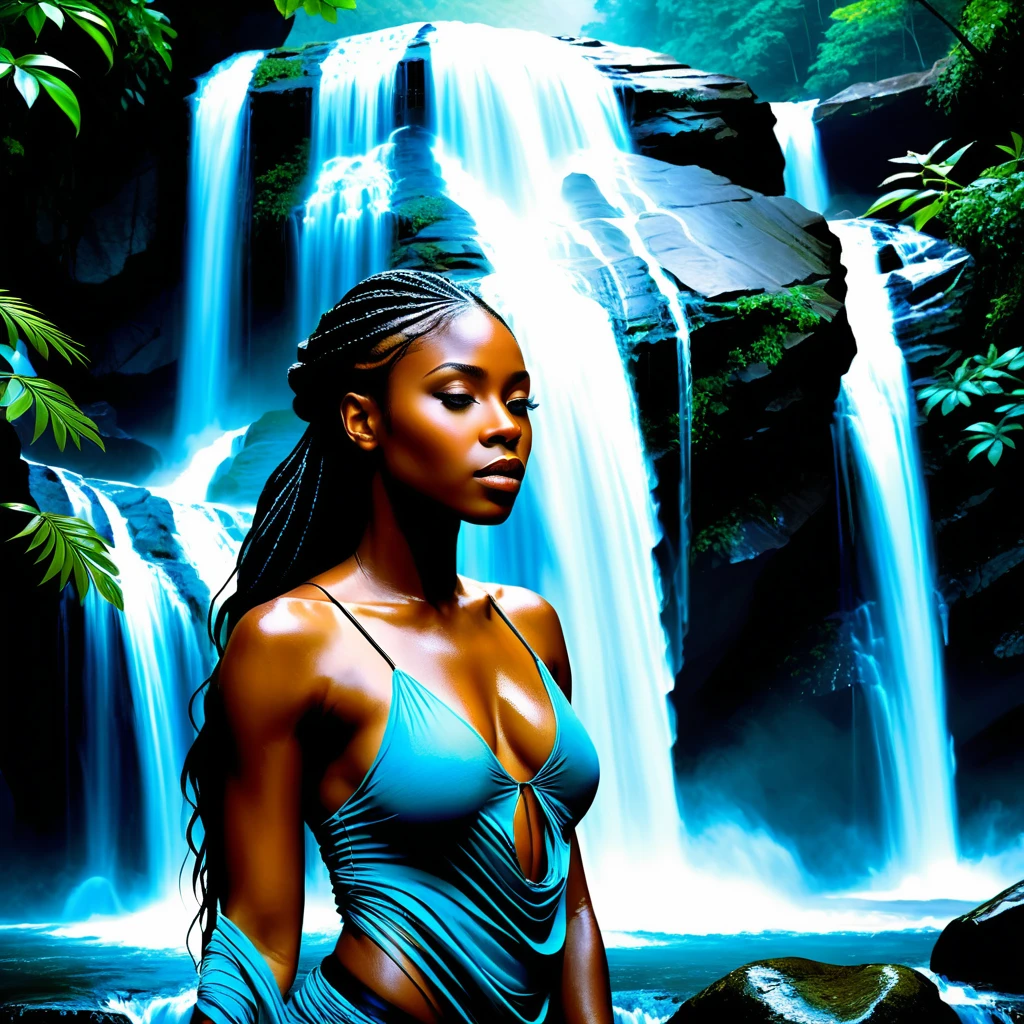Uma mulher negra se fundindo a uma cachoeira em meio à névoa e às rochas