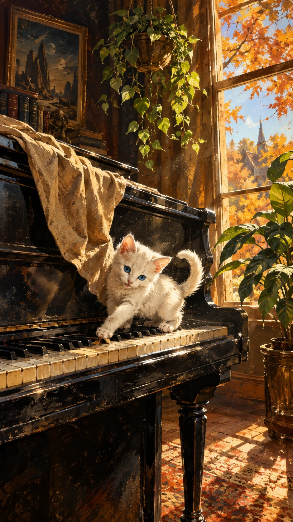 Un chaton blanc espiègle assis sur les touches d’un piano noir