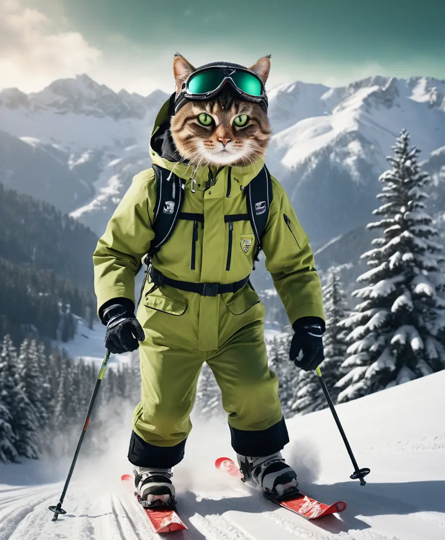Anthropomorphe Katze fährt auf Skiern durch Pulverschnee am verschneiten Berghang