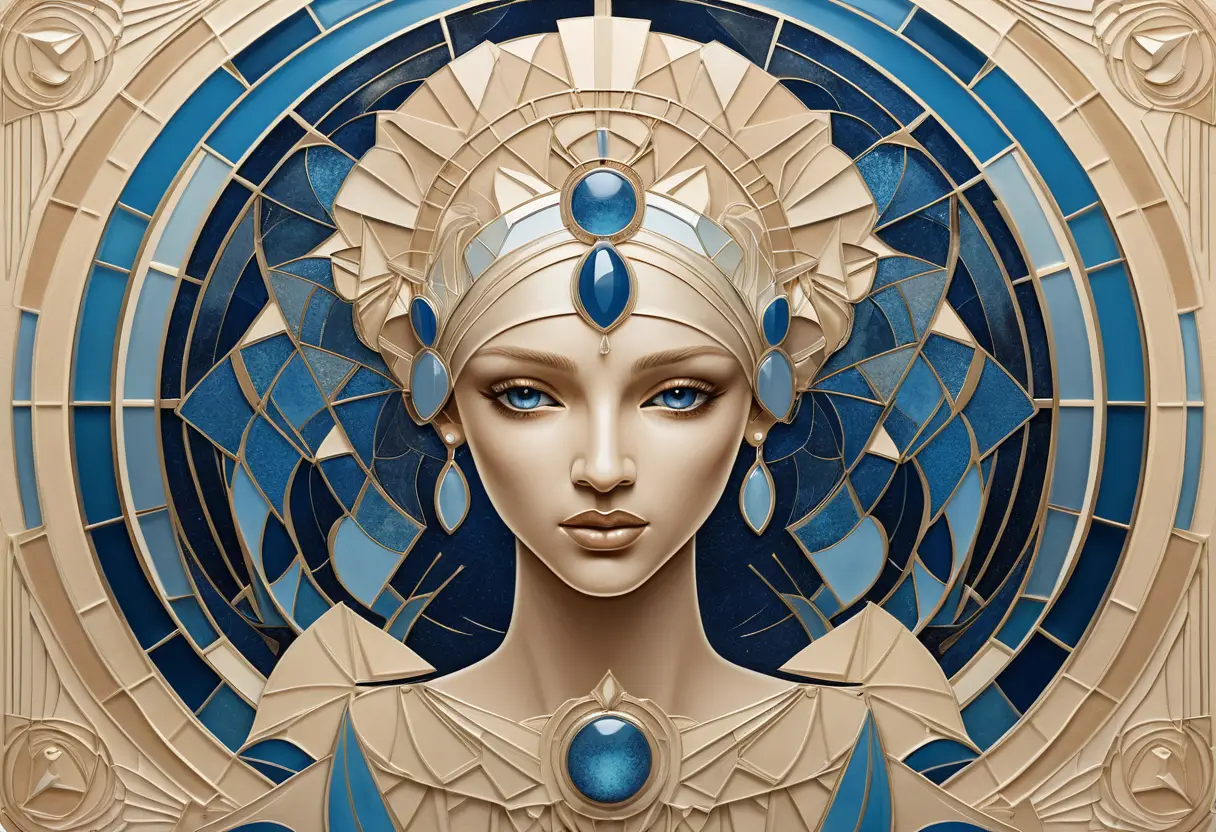 An art deco cancer zodiac emblem in beige and blue