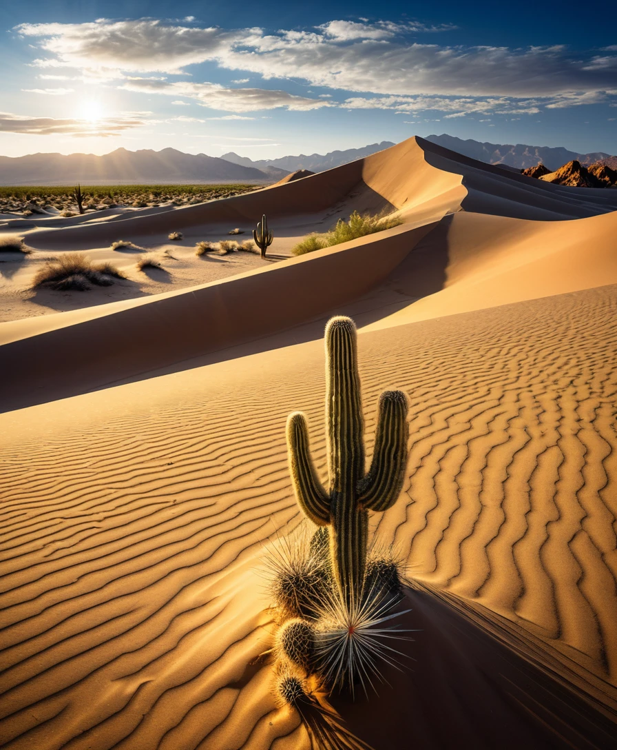 Um cato solitário ergue-se acima de dunas onduladas sob o sol brilhante do deserto