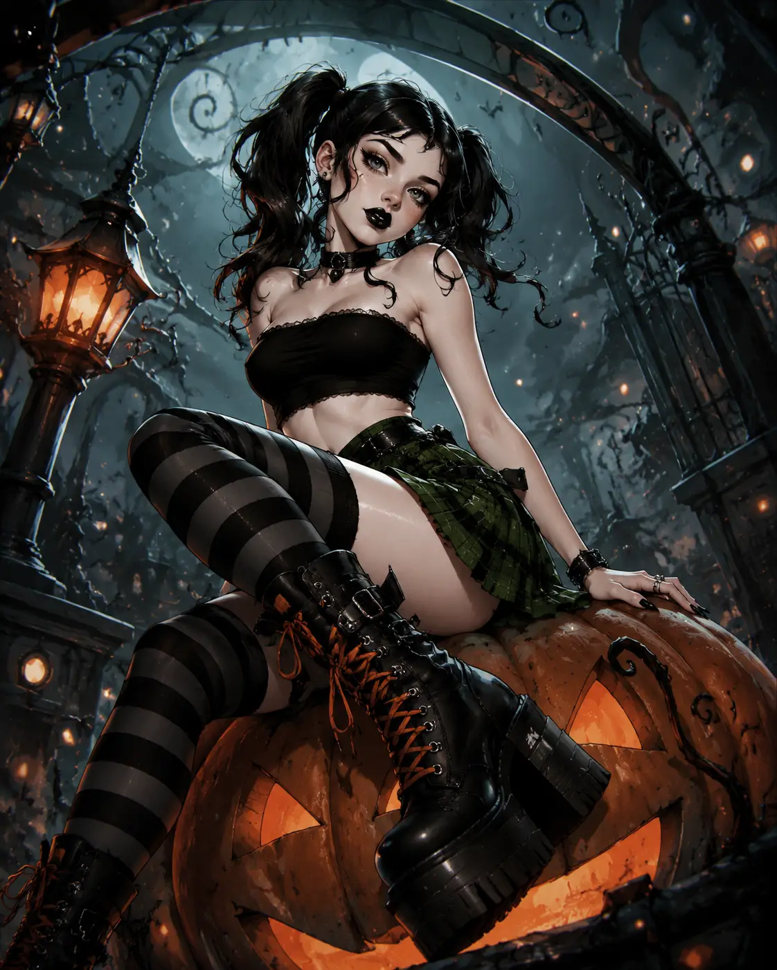A Gothic Animated Woman Sits on a Pumpkin in a Dramatic Fashion Pose