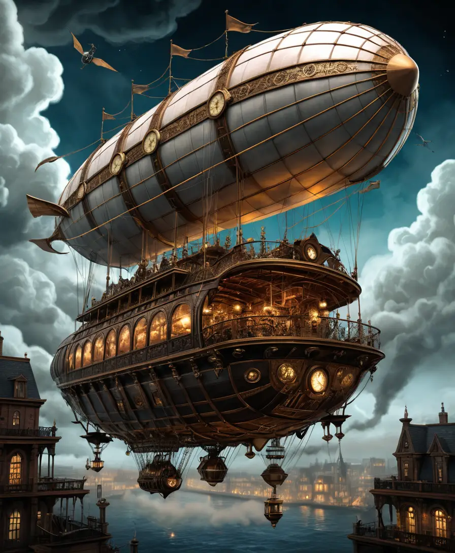 A colossal steampunk airship soars through dark storm clouds at night