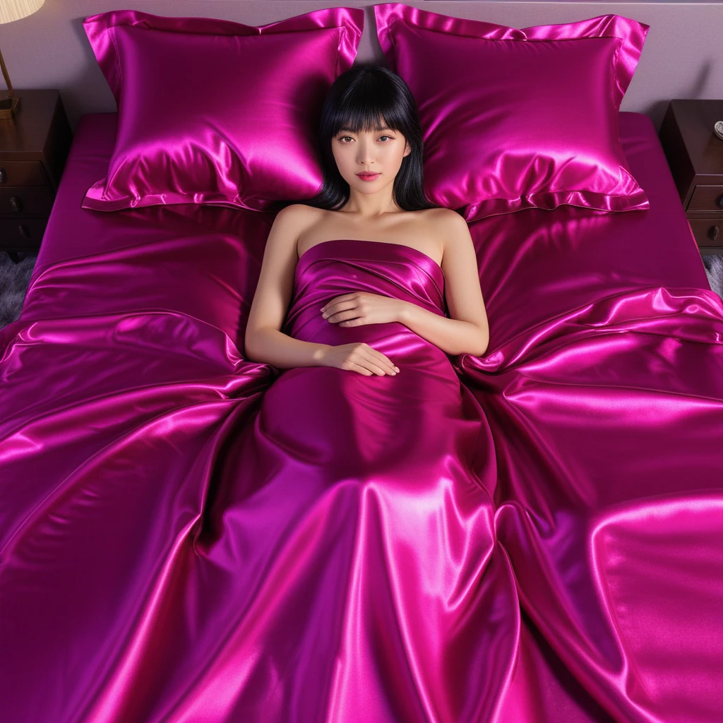 Uma mulher japonesa reclina sobre uma roupa de cama de cetim magenta brilhante