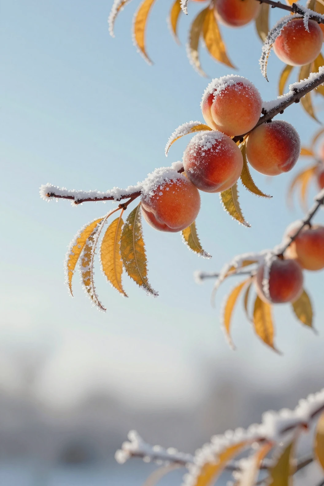 Frosted peaches rest on a branch in a quiet winter scene