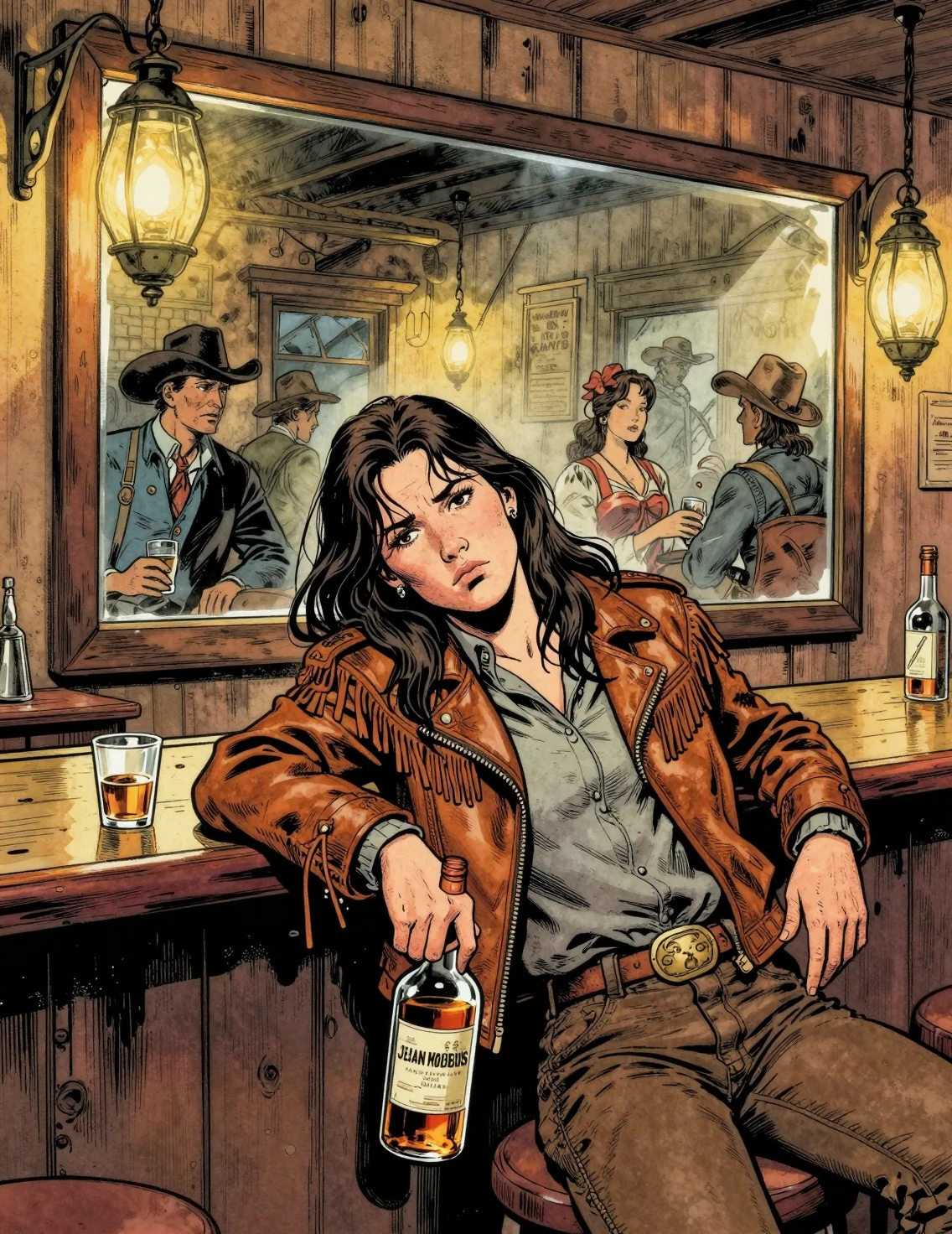 Calamity Jane se tient avachie près du comptoir dans un saloon des années 1880