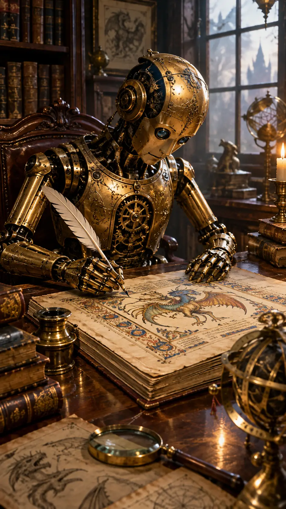 Um autómato de latão desenha uma criatura fantástica num escritório empoeirado