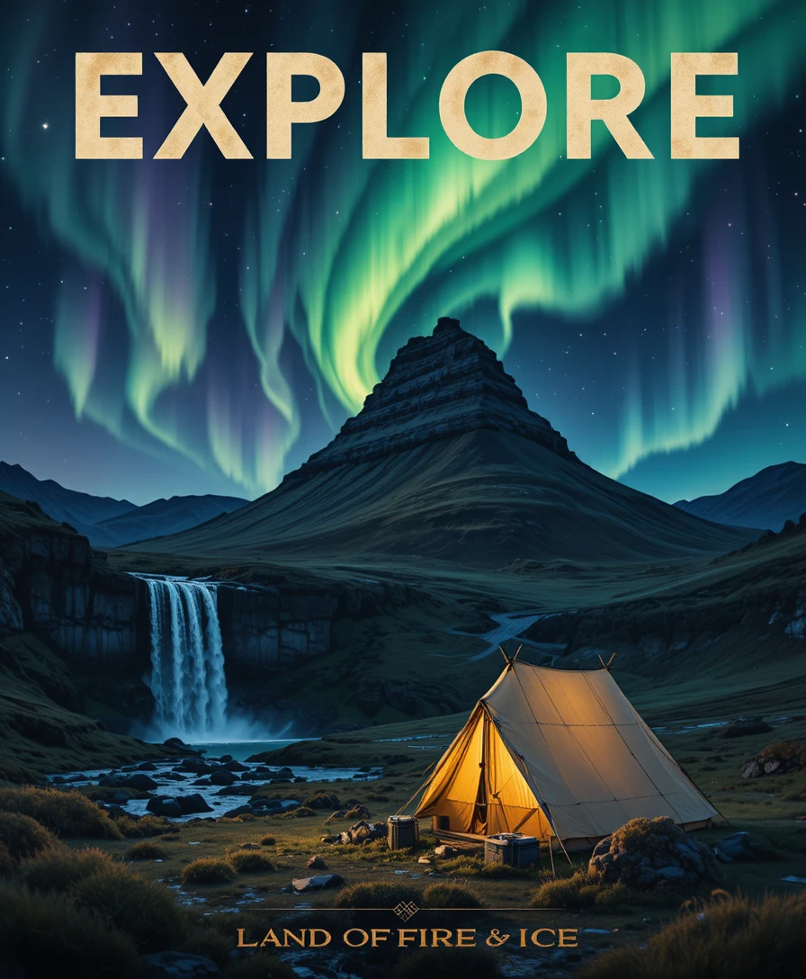 Auroras boreais da Islândia iluminam o monte Kirkjufell e cascatas estrondosas