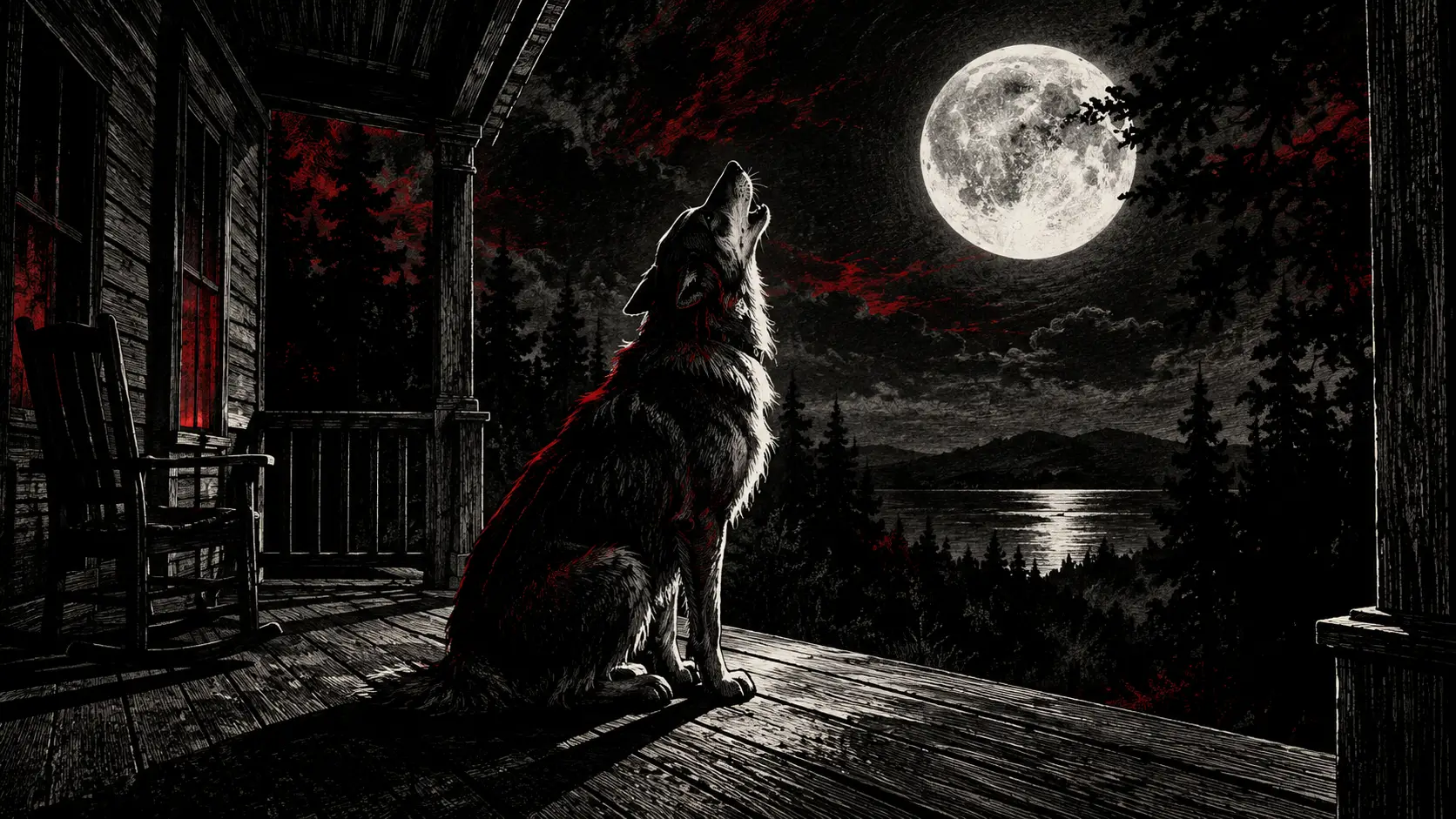 A howling dog sits beneath the full moon on a country veranda