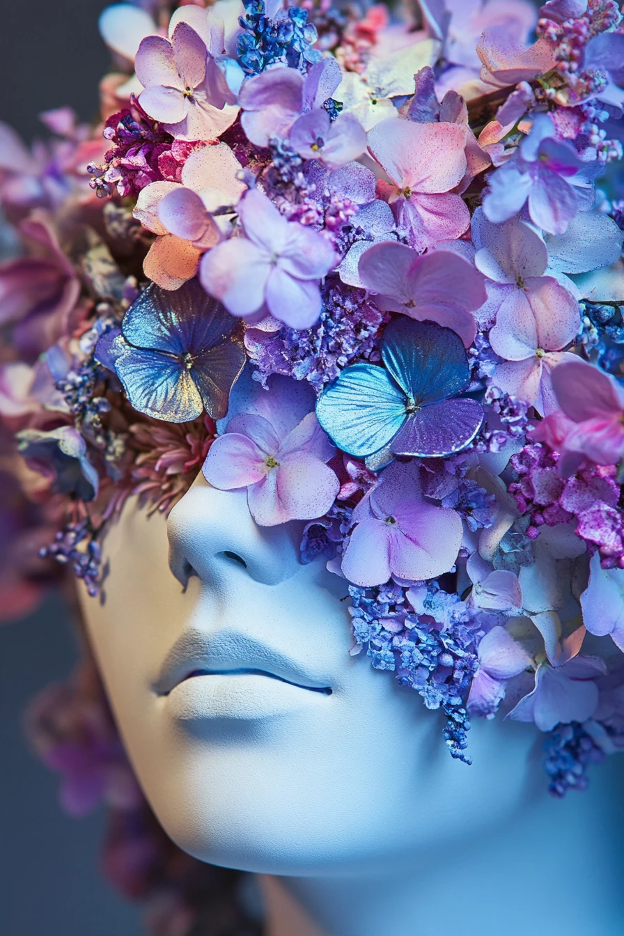 Metamorfose surreal com formas geométricas e elementos florais em tons pastel