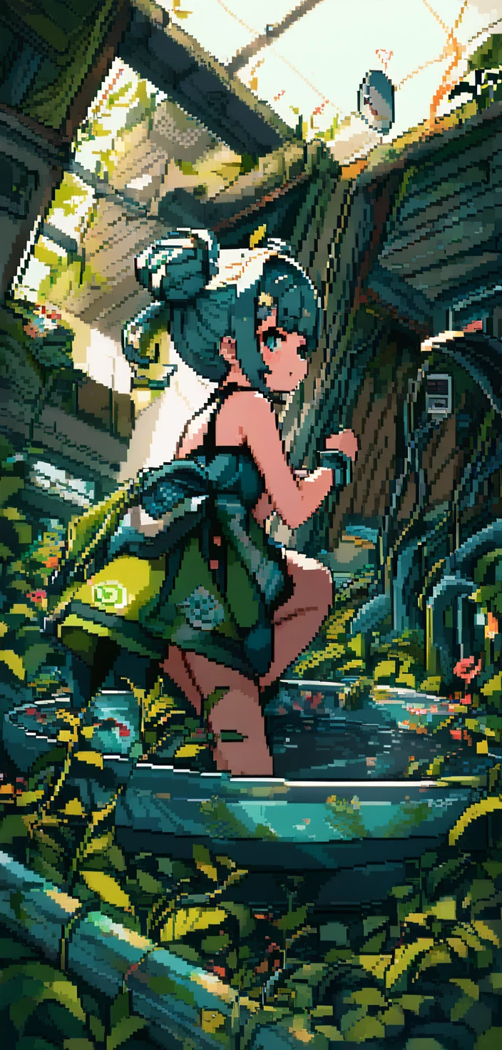 長滿植物的機械泳池中的像素藝術女孩
