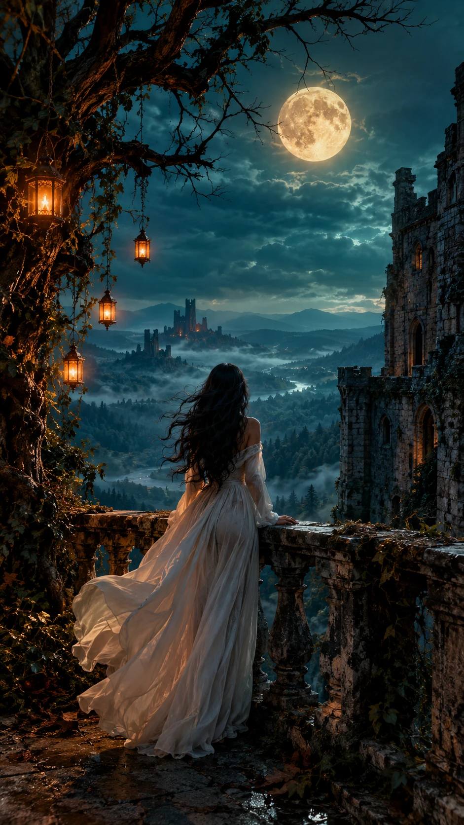 Uma mulher sob uma lua dourada em um castelo em ruínas
