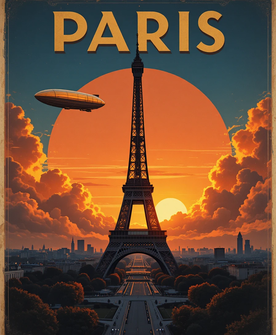 Cartaz de viagem art déco de Paris com a Torre Eiffel ao pôr do sol