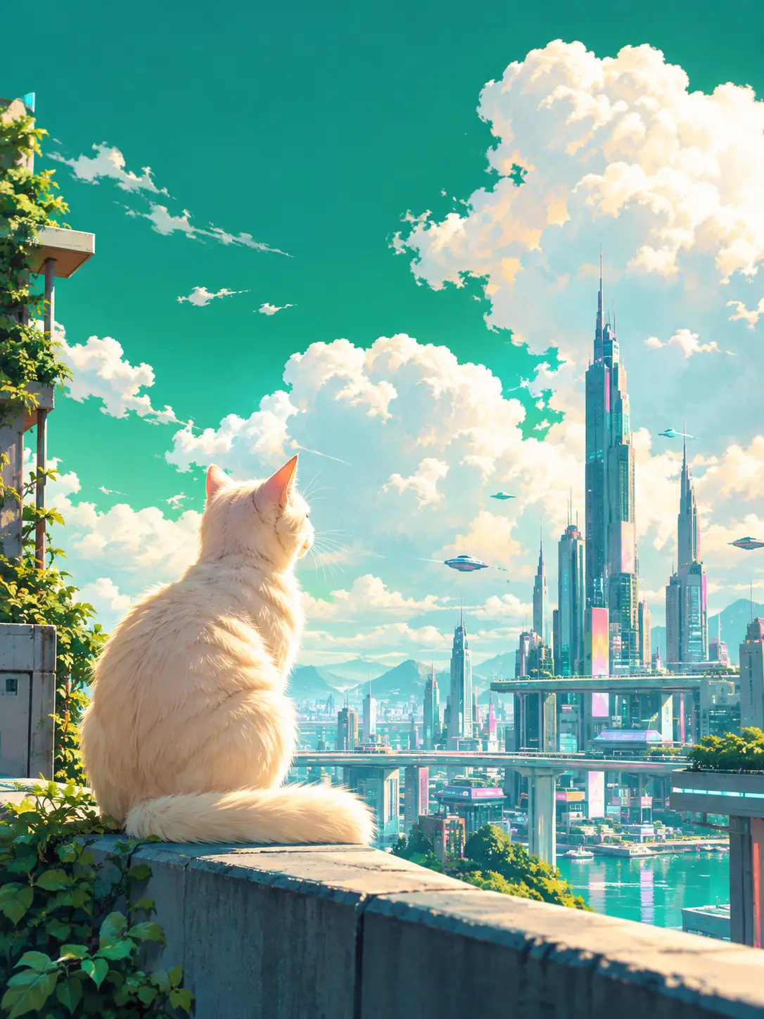 奶油色貓咪凝望未來城市上空的柔軟雲朵