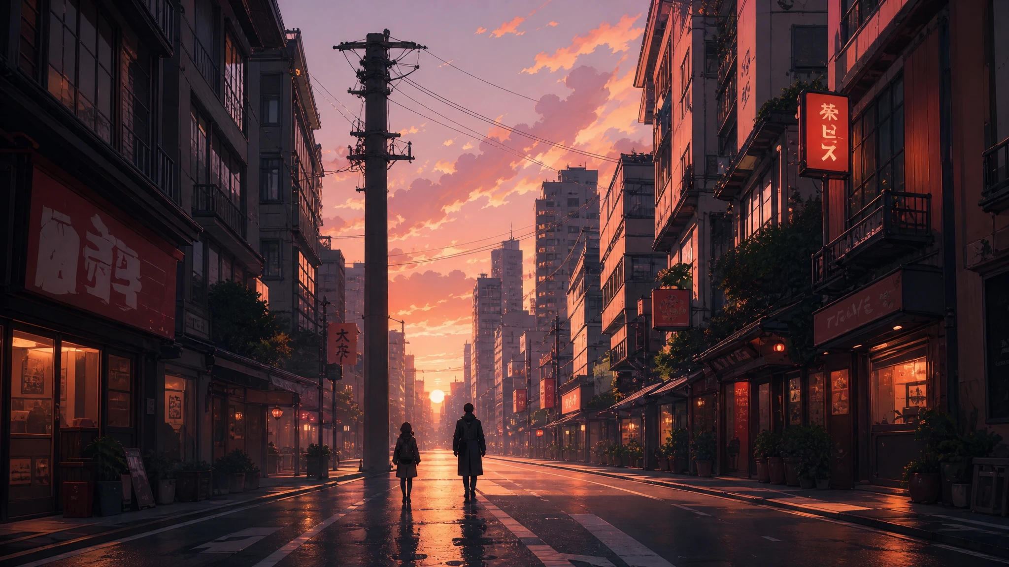 Dois pedestres em silhueta caminham por uma rua tranquila de uma cidade japonesa ao anoitecer