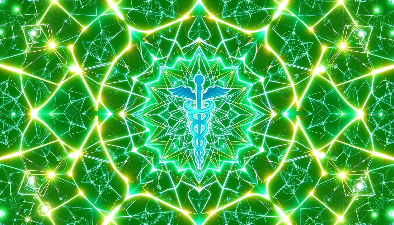 A geometric caduceus surrounded by radiant sacred patterns