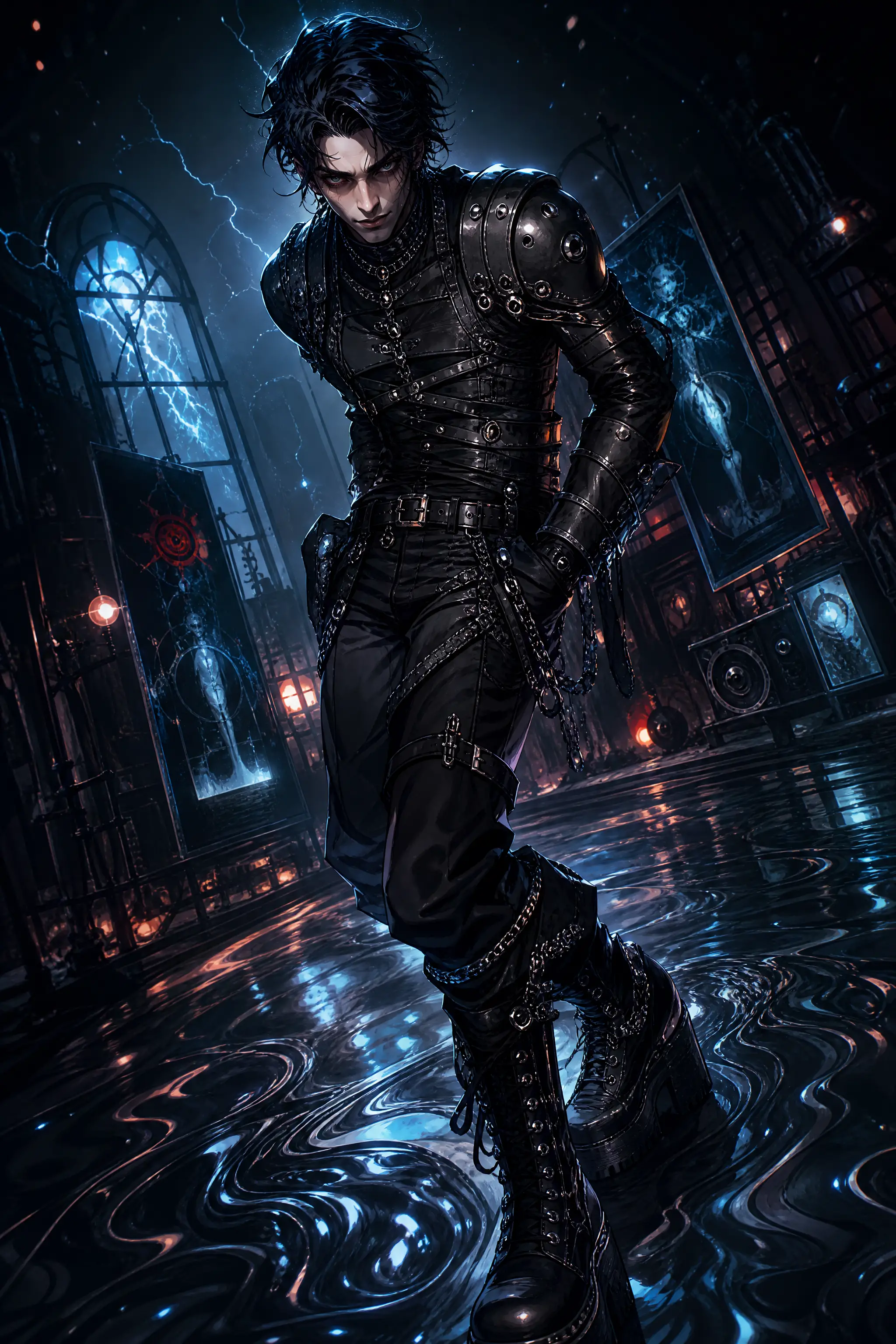 A dark-haired man in industrial clothing stands before an electric backdrop