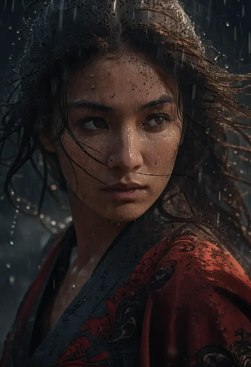 A warrior woman stands in heavy rain wearing an embroidered red robe