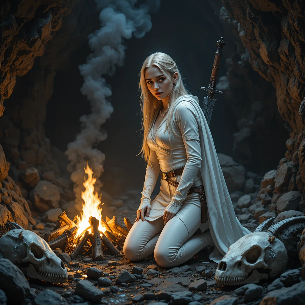 Une femme blonde s’agenouille près d’un feu de camp dans une grotte sombre