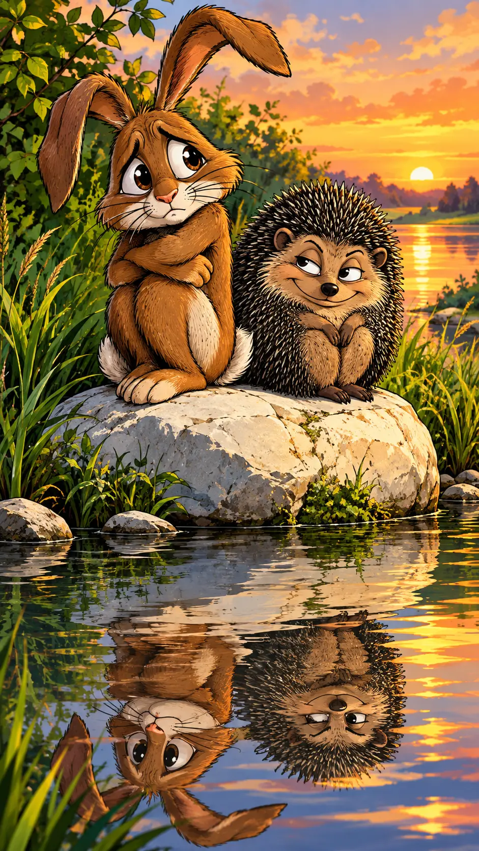 Ein Kaninchen und ein Igel sitzen bei Sonnenuntergang gemeinsam an einem stillen Fluss