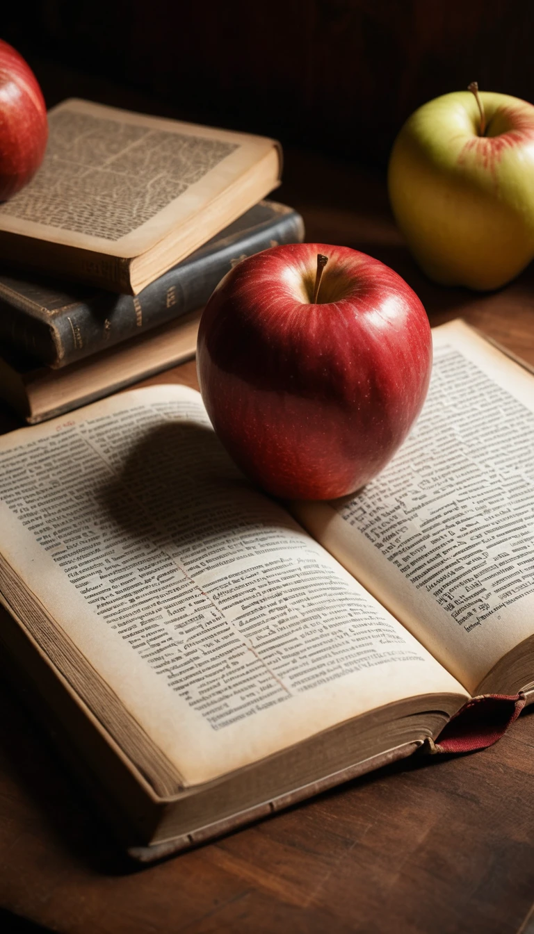 A red apple resting on the open pages of a vintage book