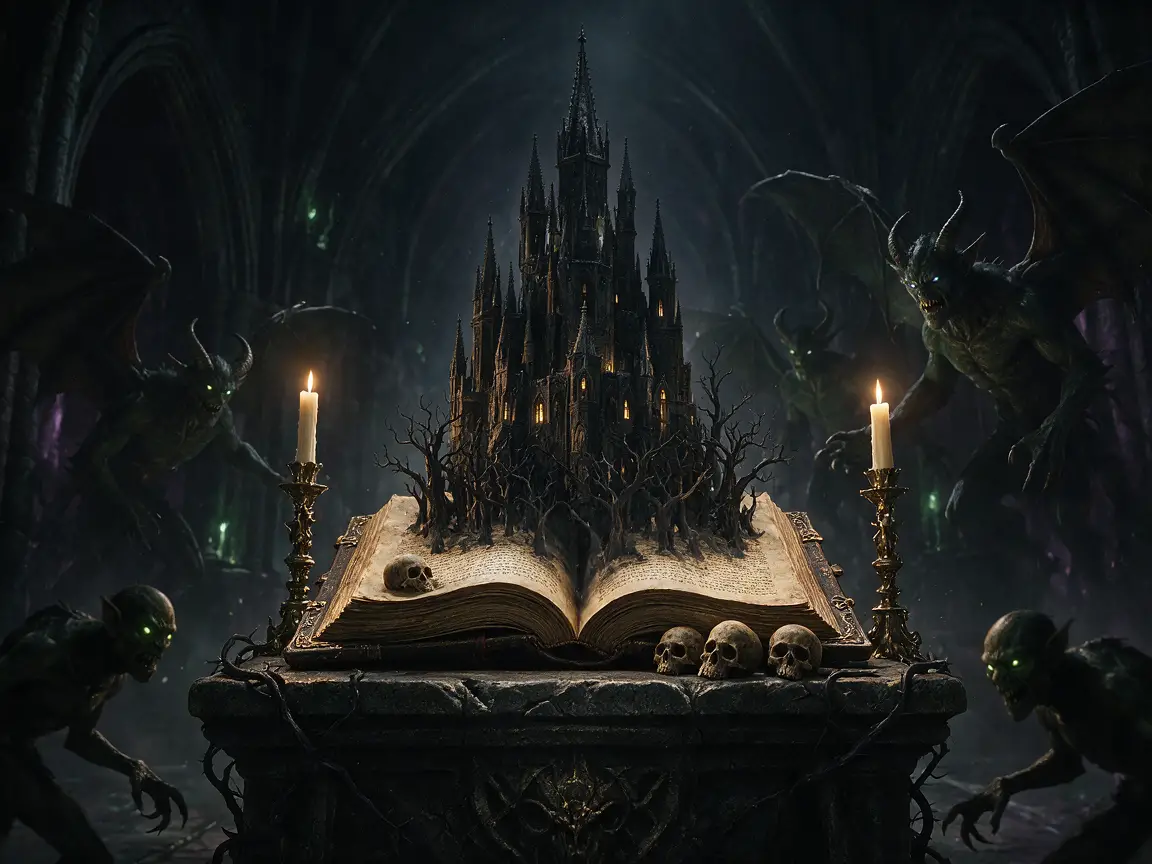Ein offenes Buch offenbart eine düstere Burg auf einem uralten Altar