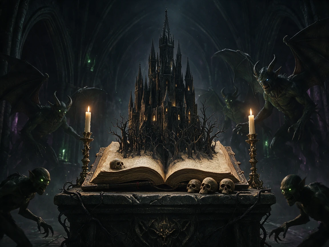 Ein offenes Buch offenbart eine düstere Burg auf einem uralten Altar
