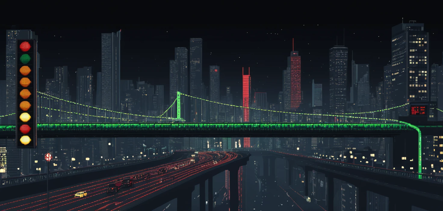 Ponte em pixel art com semáforos sobre uma paisagem urbana