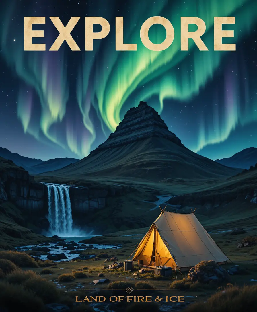 Auroras boreais da Islândia iluminam o monte Kirkjufell e cascatas estrondosas