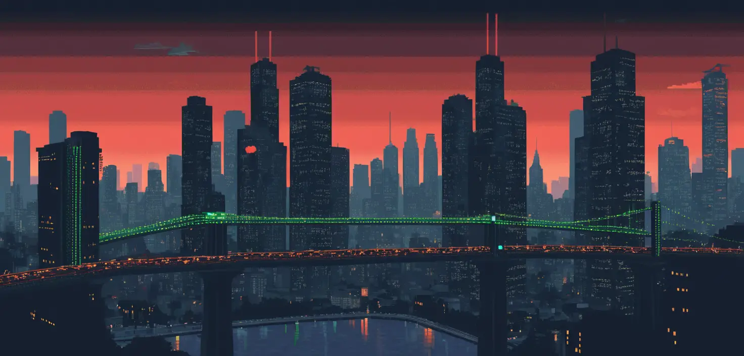 A Pixel Art Bridge With Traffic Lights Over a Cityscape