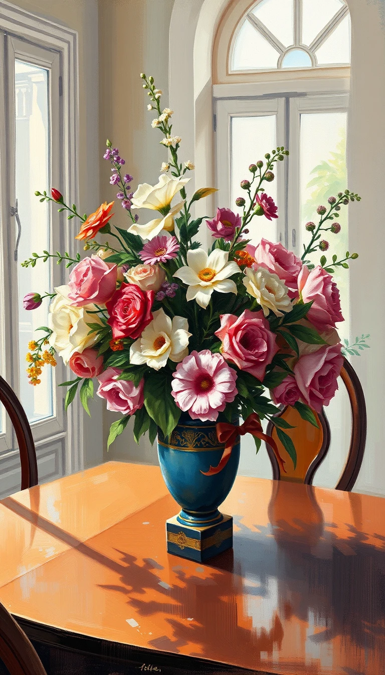 Flores frescas em um vaso de cerâmica sobre uma mesa de madeira