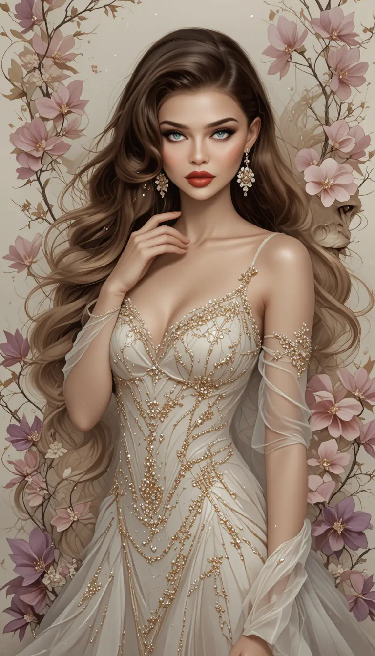 A serene woman and lion framed by delicate art nouveau florals