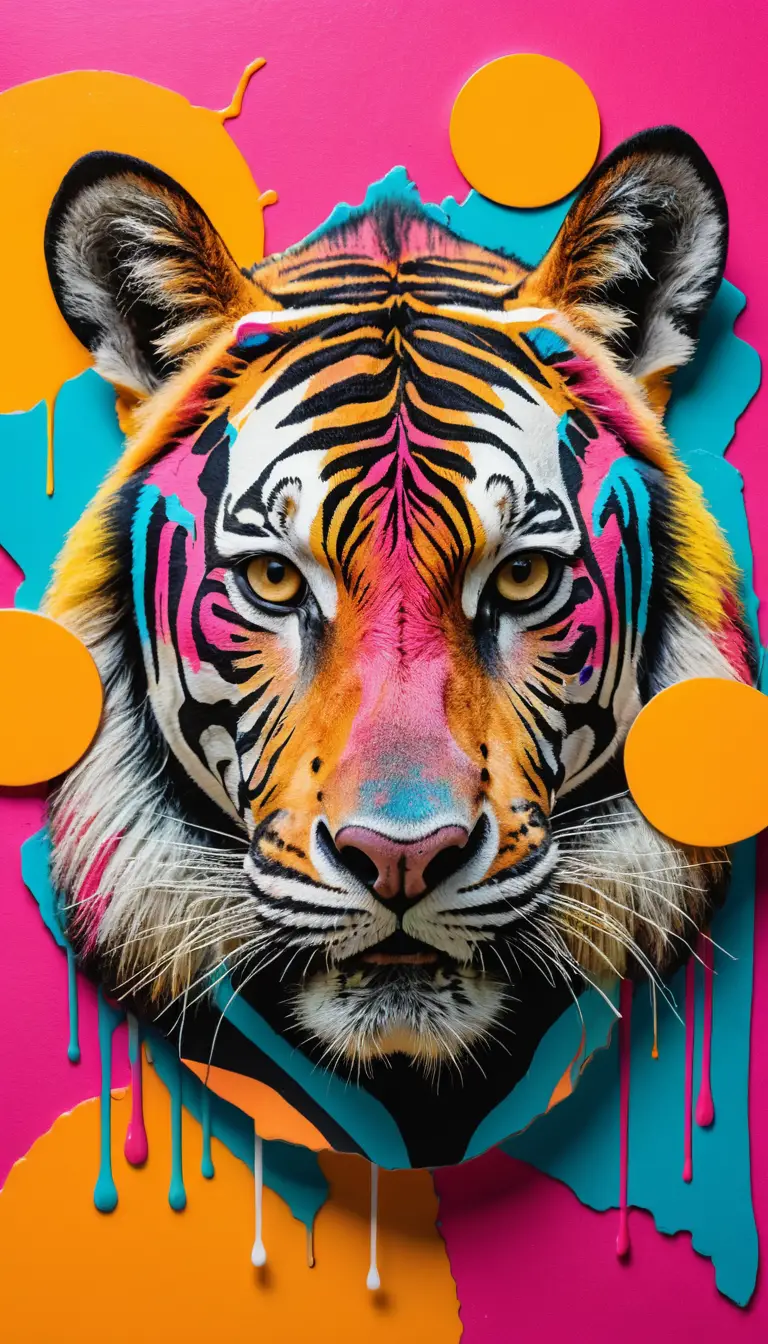 Volti di tigre al neon compongono una griglia audace in stile serigrafia pop art