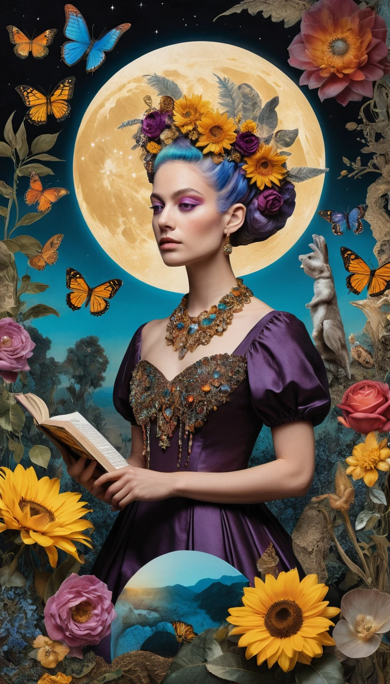 A dense surrealist collage blending classical oil paintings and botanical illustrations