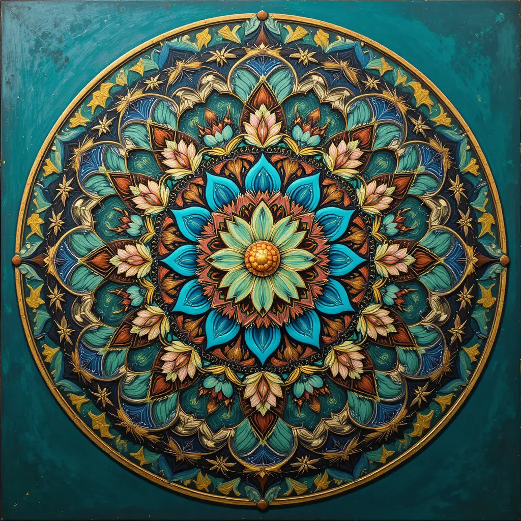 Mandala floral radial aux motifs décoratifs turquoise et corail