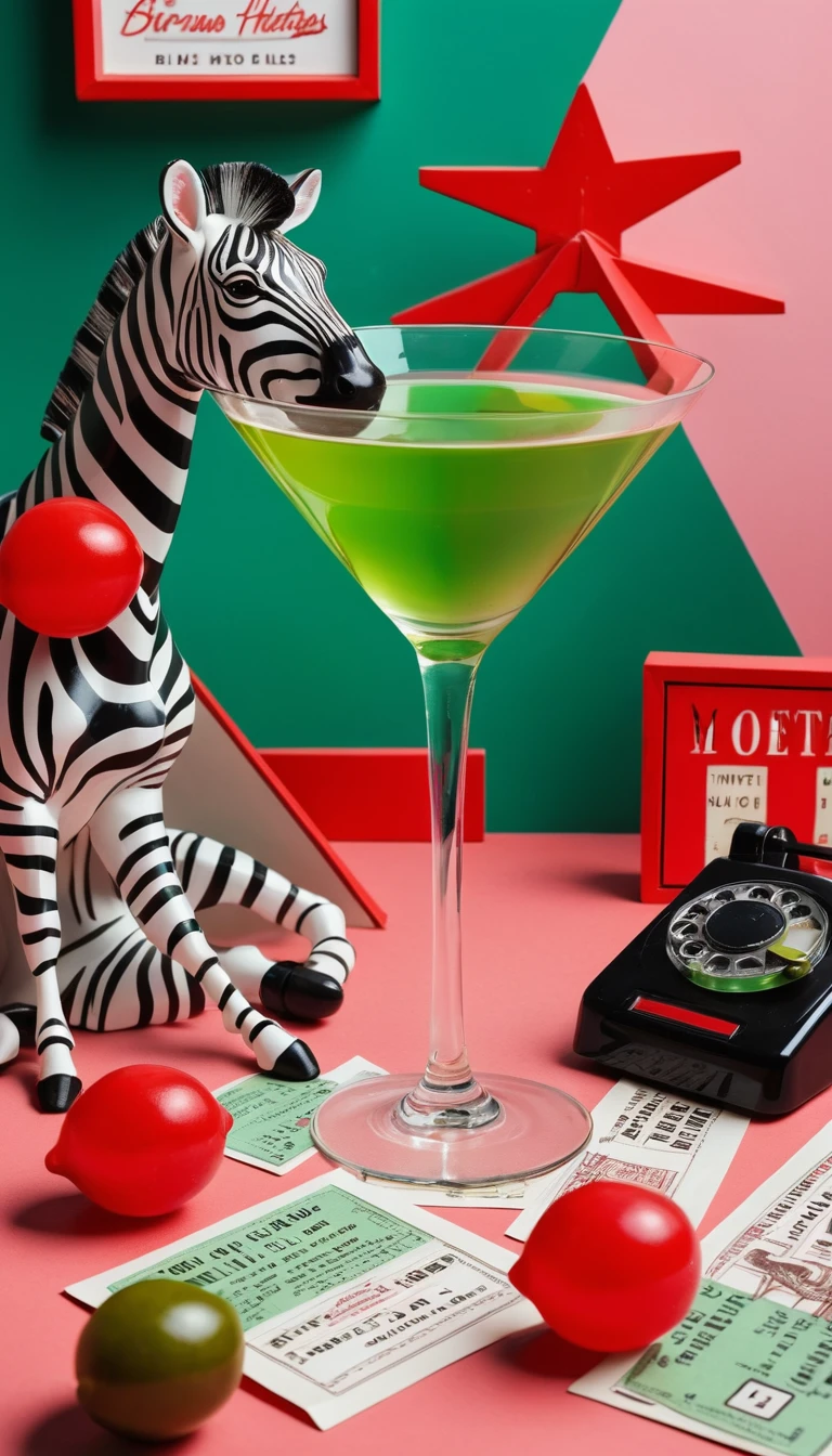 Uma zebra marcante é o destaque de uma colagem surrealista de objetos coloridos